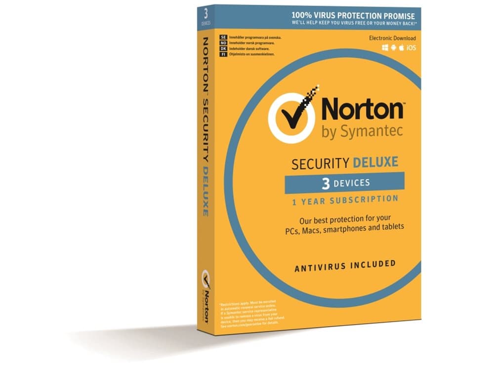 Norton Security Deluxe - (v. 3.0) - abonnementskort (1 år) - 3 enheter (DVD-erme) - Win, Mac, Android, iOS - Nordisk