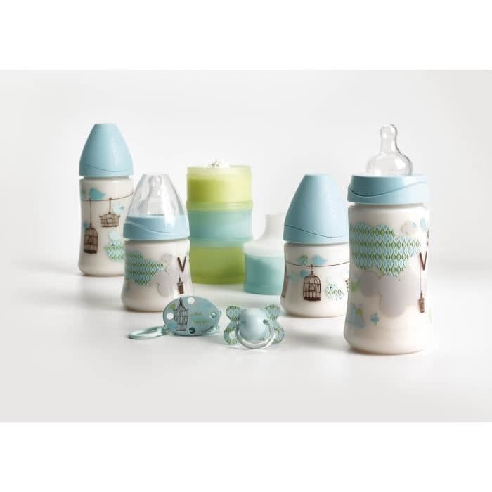SUAVINEX sæt med 4 velkomstbabyflasker med mælkeføder og napp med klip - 150 ml / 270 ml - blå