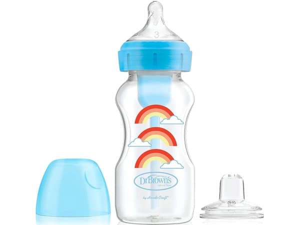 WB91605-SET "FROM-BOTTLE-TO-CUP "NONBI ESKI/ WIDE-NECK BOTTLE 270ML OPTIONS+DECOR BLUE WITH PACIFIER+6M AND MOUTHPIECE/