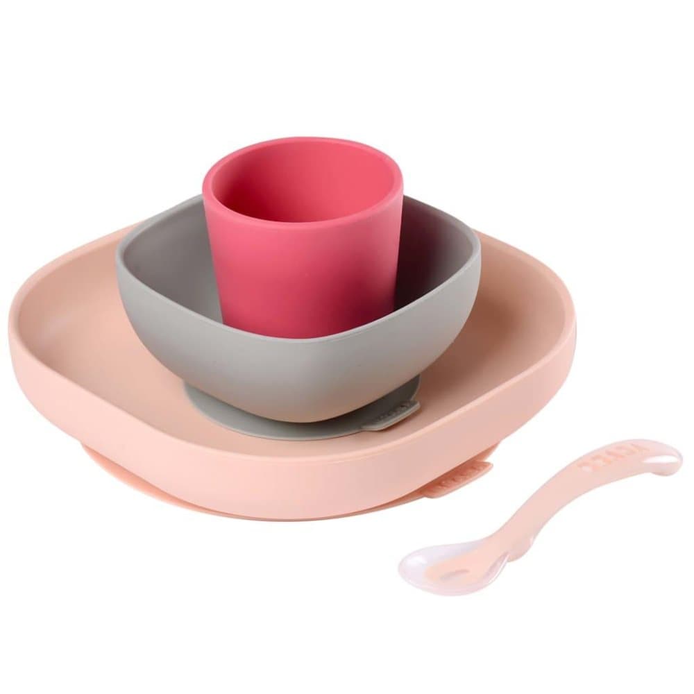 Beaba spisesæt i silikone 4 dele pink og koralfarvet