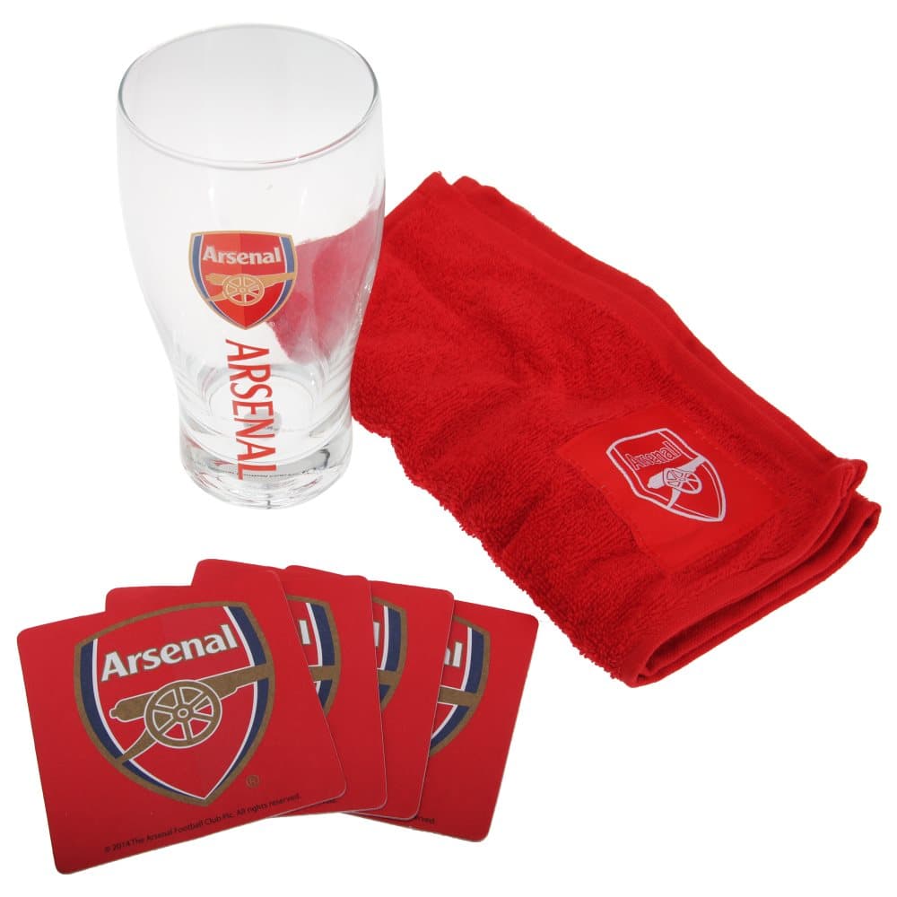Arsenal FC Official Wordmark Mini Football Bar Set (Pint Glass, Towel & Beer Mats)