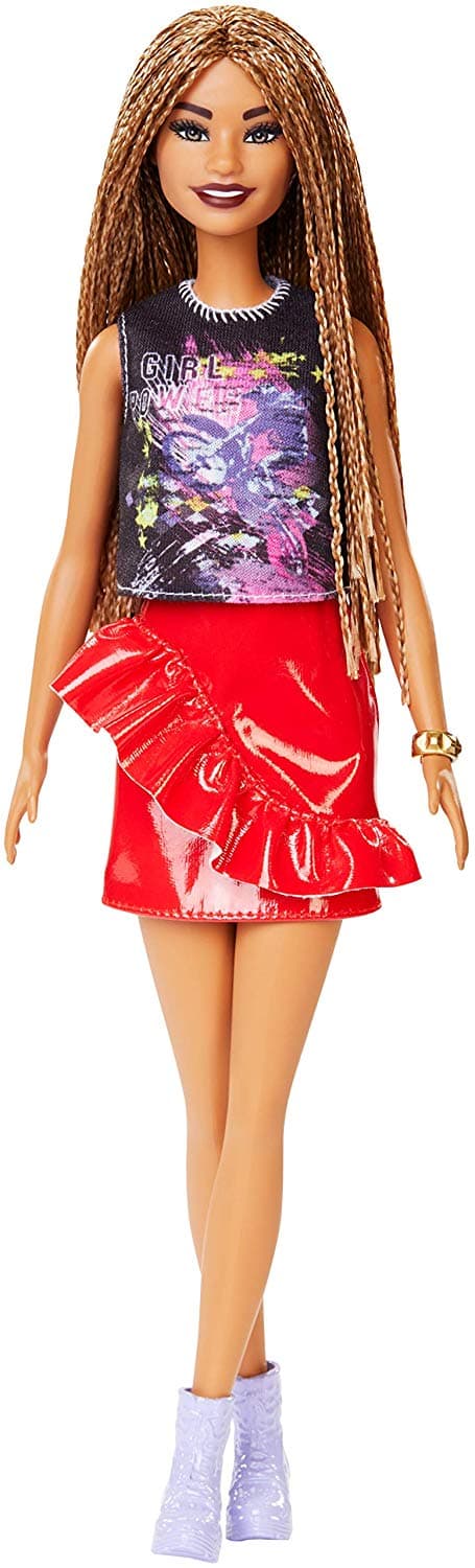 ​ ​Barbie Fashionistas Doll with Long Braided Hair Wearing Girl Power T-Shirt, Red Pleather Skirt