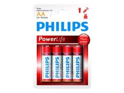 Philips Power Alkaline Akku LR6P4B/10, Kertakäyttöinen akku, Alkali, 1,5 V, 4 kpl, 58 mm, 14 mm