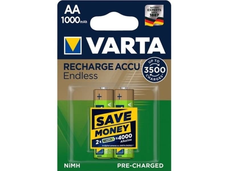 Varta 56666 101 402, Rechargeable battery, Nikkelmetallhydrid (NiMH), 1,2 V, 2 stykker, 1000 mAh, Gull, Grønn