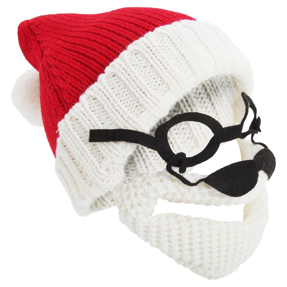 Mens Knitted Santa Claus Christmas Hat With Glasses & Detachable Beard