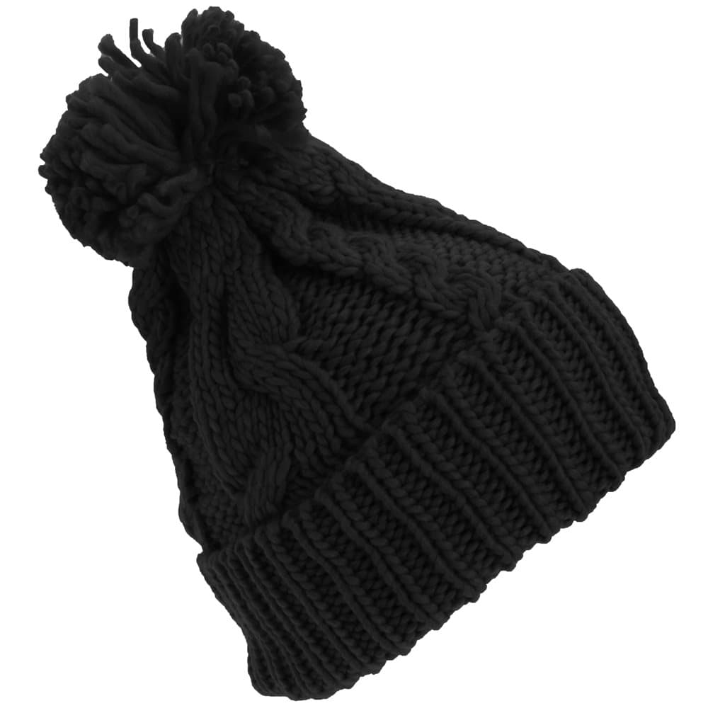 Womens Heavyweight Cable Knit Winter Hat With Pom Pom