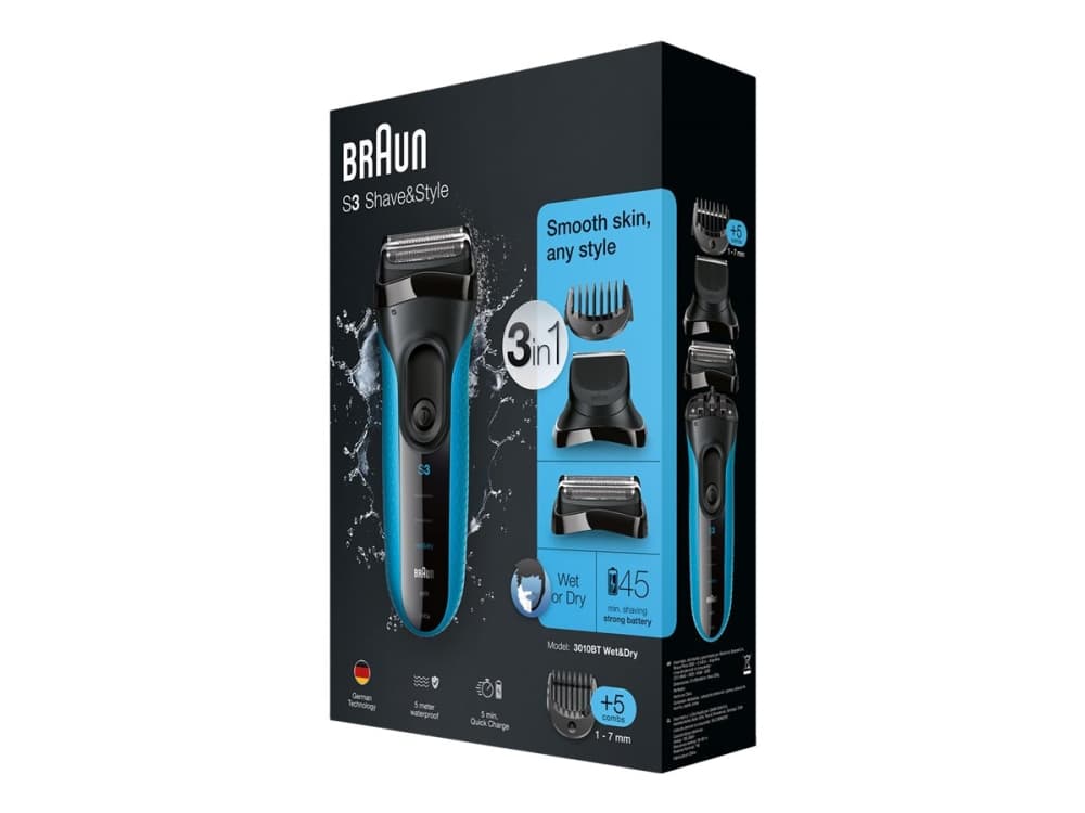 Braun Series 3 Shave&Style 3010BT, Barberingsmaskin, 2 SensoFoil, 1 Middle Trimmer, 5 kammen 17 mm, Svart, Blå, LED, Batteri, Nikkelmetallhydrid (NiM