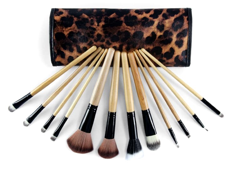 12 pcs. professional bamboo makeup brushes in leopard case dark