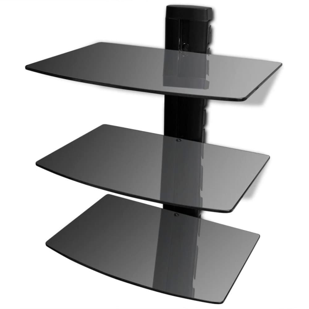 vidaXL vægmonteret hylde i 3 niveauer DVD-hylde glas sort