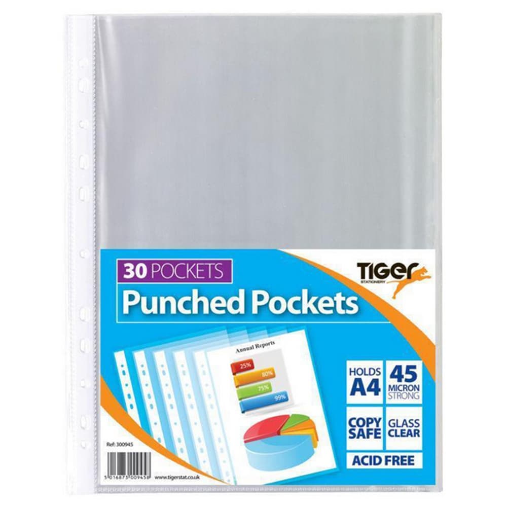 Tiger A4 stansade fickor / plastplånbok (paket med 30)