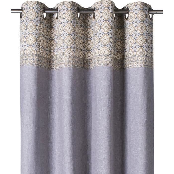 DEKOANDCO verho, jossa nilkkaosa Athos - 135x250 cm - Beige ja sininen painatus