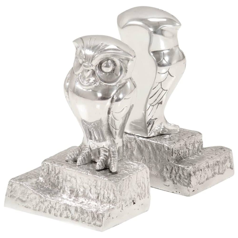 vidaXL Bokstøtter med ugler 2 stk solid aluminium 13x45x19 cm sølv