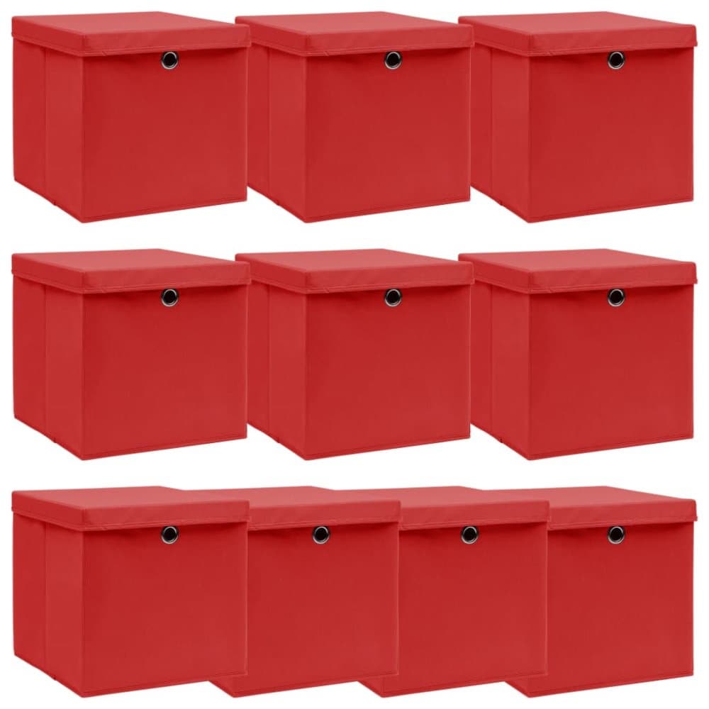 vidaXL Förvaringslådor med lock 10 st röd 32x32x32 cm tyg