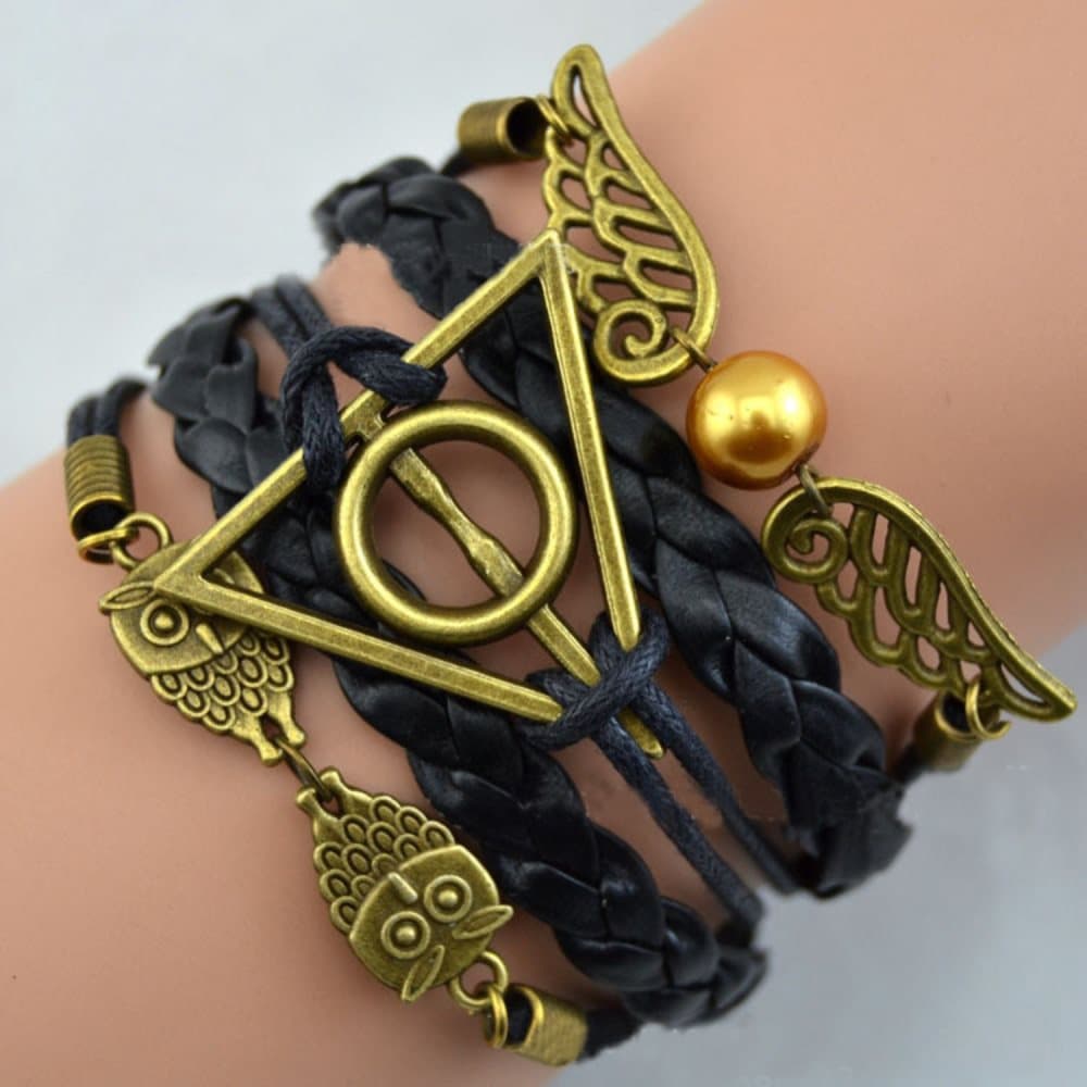 Harry Potter Svart Läderarmband -Gyllene Kvicken & Dödsrelikerna