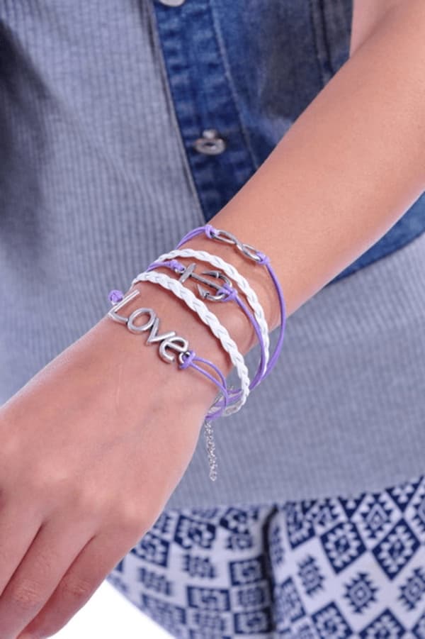 Armband 3-i-1 Ankare/Infinity/Love - Lila/vit