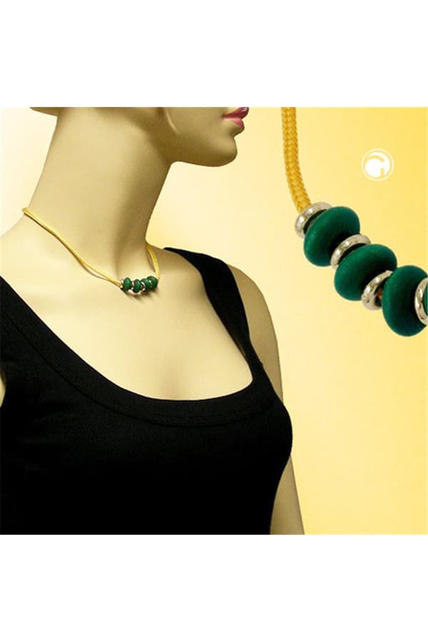 Necklace Green Wooden Beads Yellow Cord - GL05227