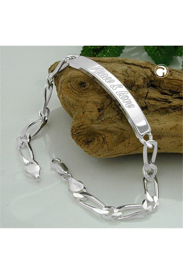 Id Bracelet 6,5x2mm Figaro Chain Engraving Plate 45x7mm Peace & Love Shiny Silver 925 21cm - GL110022-21