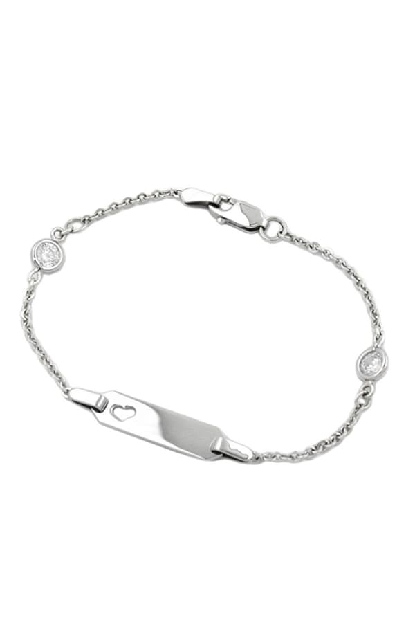 Id Bracelet For Children 1.7mm Anchor Chain With Heart And 2 Zirconias Rhodium Plated Silver 925 15cm - GL111032-15