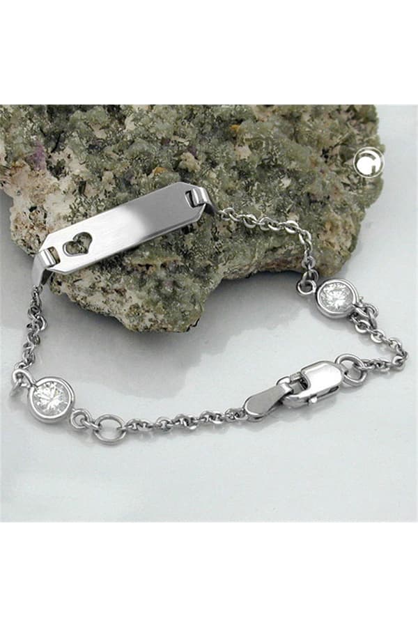 Id Bracelet For Children 1.7mm Anchor Chain With Heart And 2 Zirconias Rhodium Plated Silver 925 15cm - GL111032-15