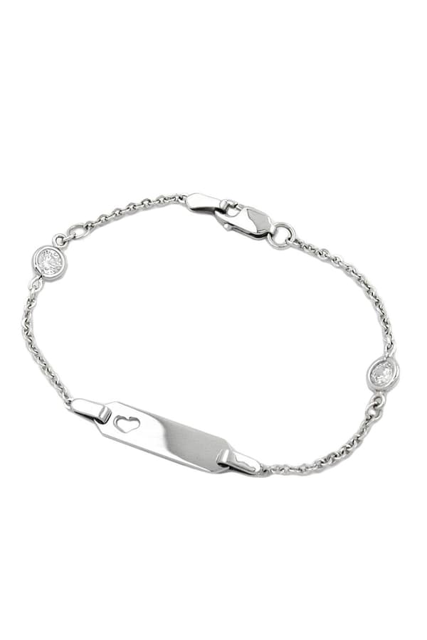 Id Bracelet For Children 1.7mm Anchor Chain With Heart And 2 Zirconias Rhodium Plated Silver 925 15cm - GL111032-15