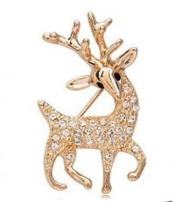 Guld Brosch till Jul/Christmas - Ren med Glittrande Rhinestones