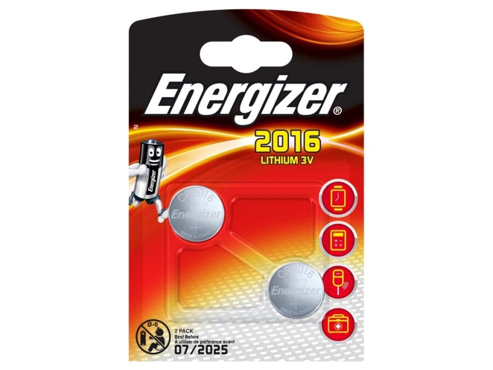 Knapcelle batterier energizer lithium cr2016, 3v, pakke a 2 stk.