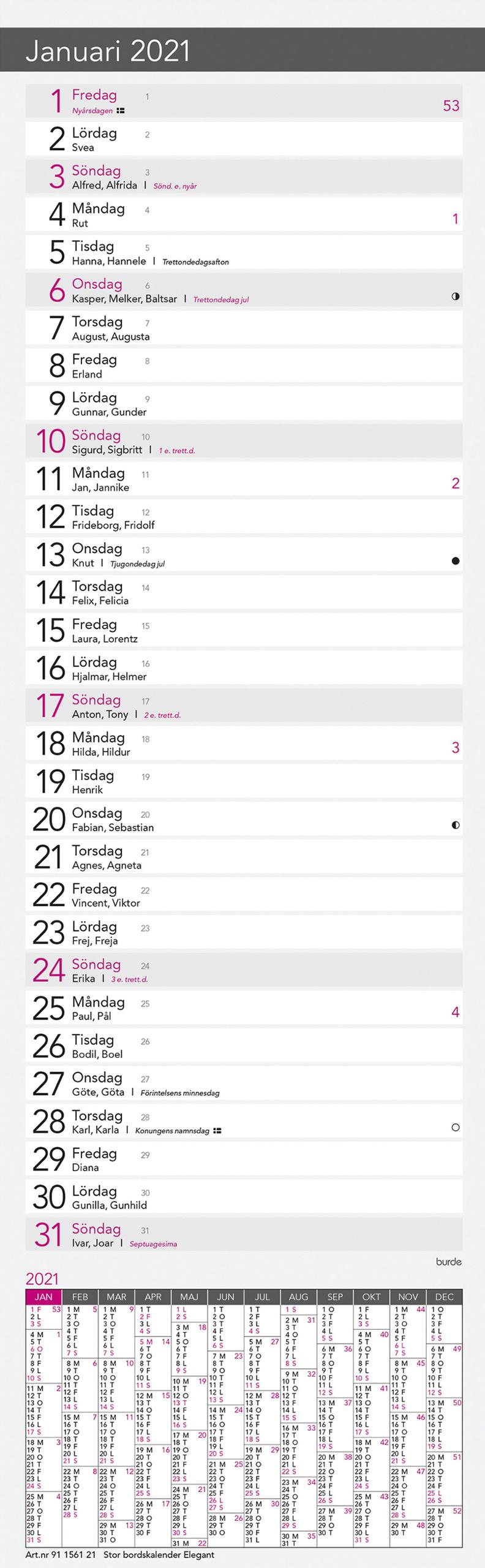 Stor Bordskalender 2021 Elegant Burde