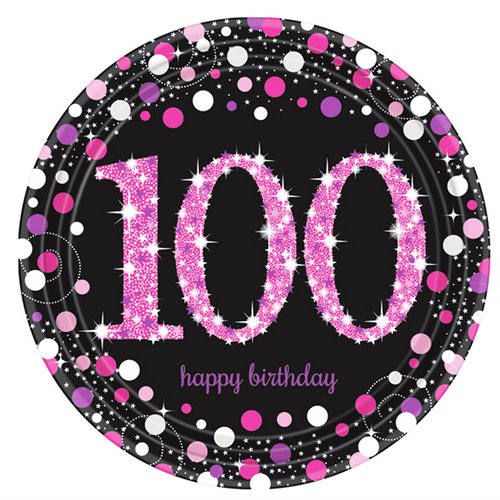 Bild av Amscan Prism Pink 100th födelsedagsfirande tallrikar (paket med 8)