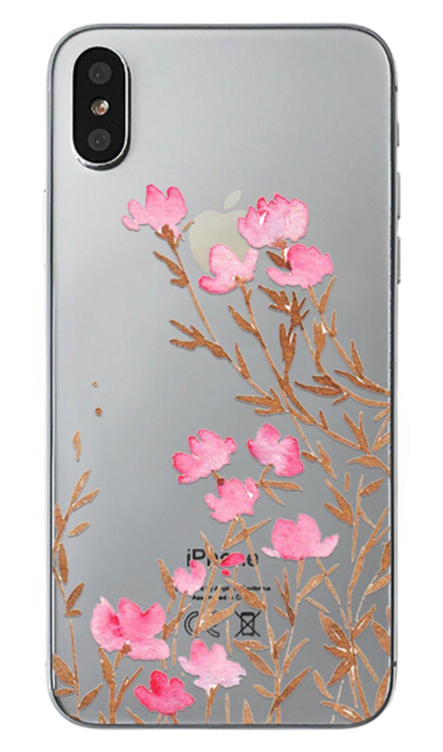 iPhone X/XS | Mjukt Genomskinligt Skal med Rosa Blommor!