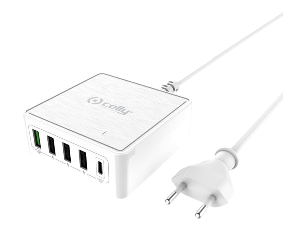Celly ProPower Wall charger - Strømadapter - QC 3.0 - 5 utgangskontakter (4 x USB, USB-C med Power Delivery:) - hvit