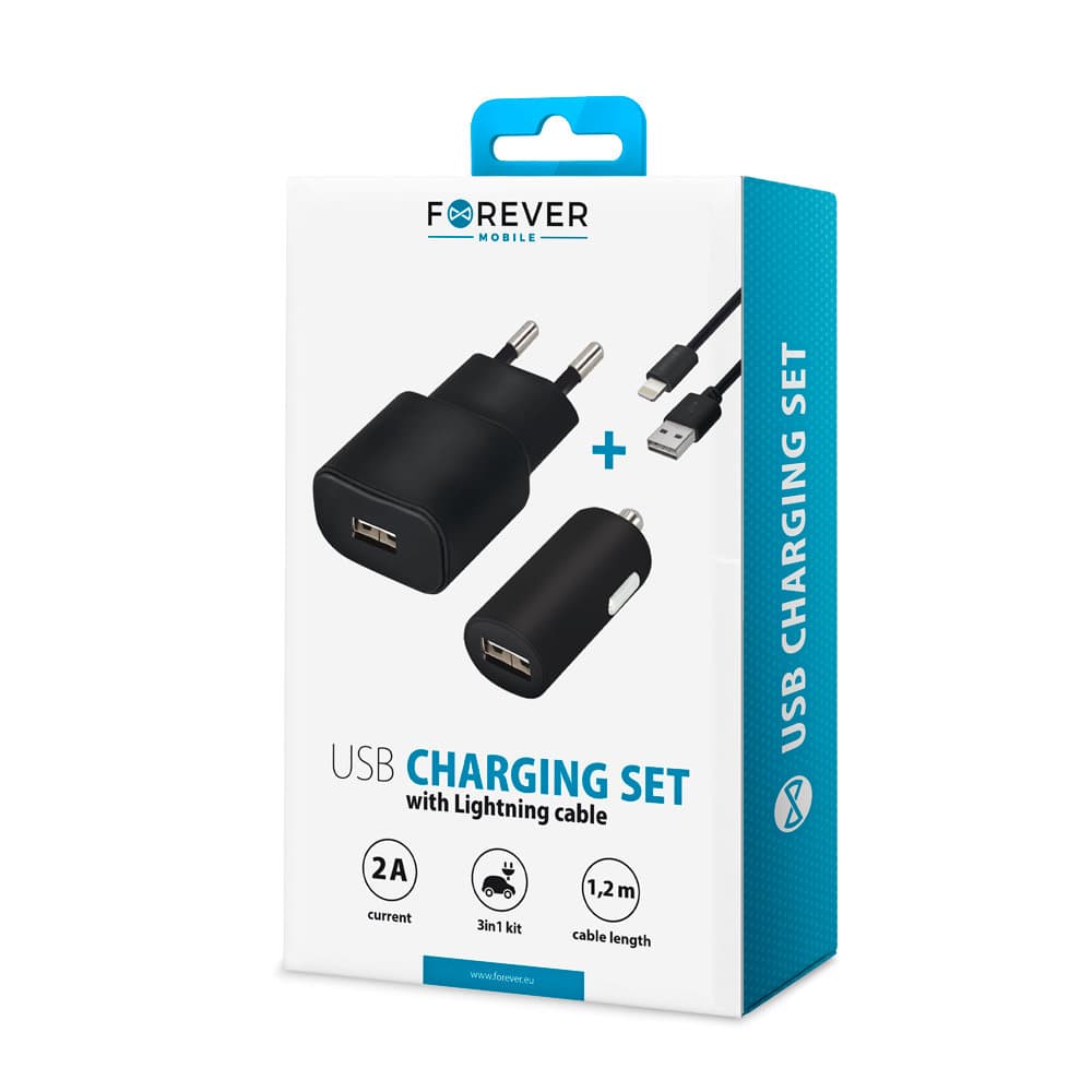 FOREVER 2Amp Väggadapter + Lightning kable + Billaddare