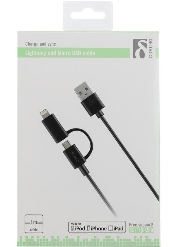 DELTACO Combo Lightning/Micro - USB-synk-/laddkabel Svart 1M