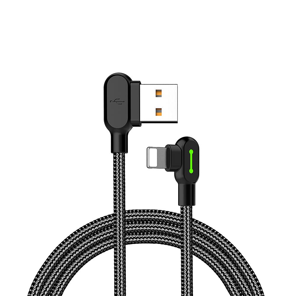 McDodo 1.2 meter, vinklet lynkabel, LED, 2A, sort fastcharger iPhone