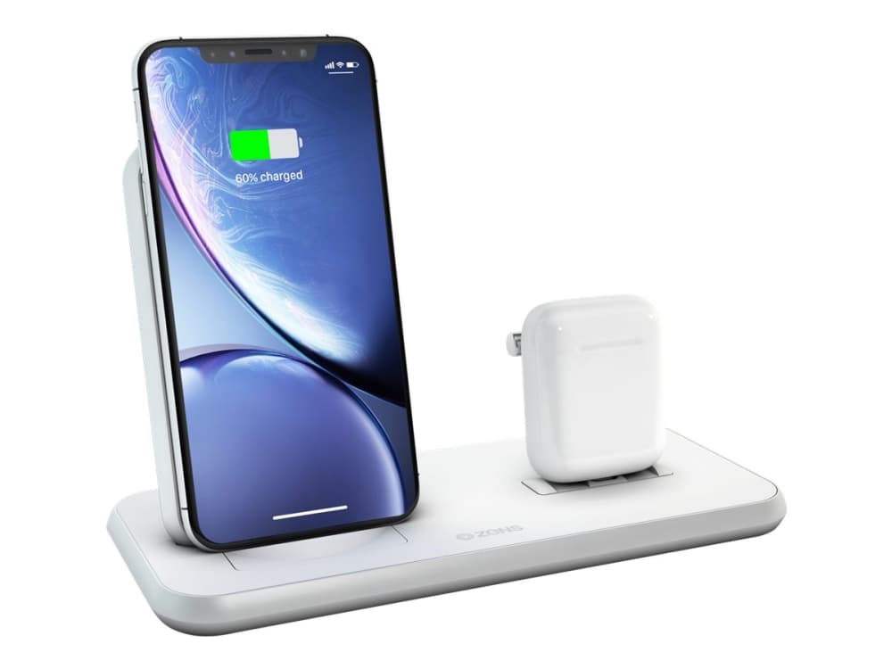 ZENS Stand+Dock Aluminium Wireless Charger - Trådløst ladestativ / strømadapter + AC-strømadapter - 20 watt - Apple Fast Charge (Lightning) - hvit -