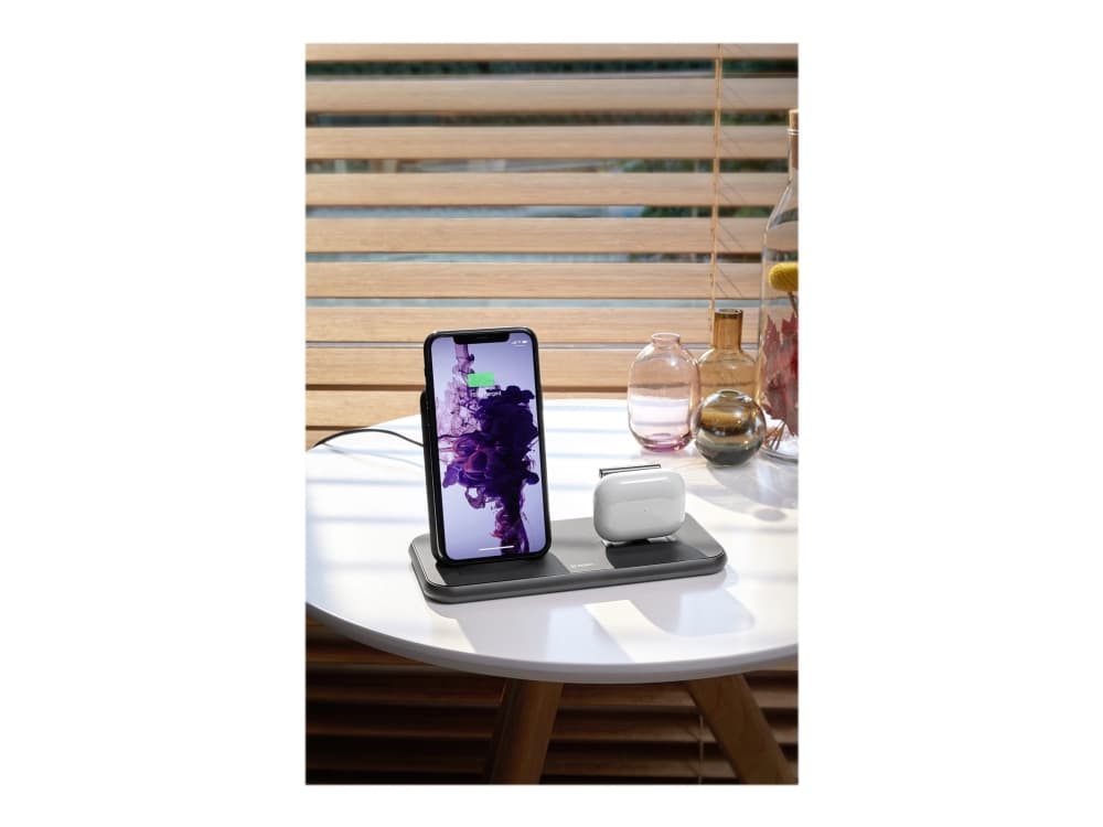 ZENS Stand+Dock Aluminium Wireless Charger - Trådløst ladestativ / strømadapter + AC-strømadapter - 20 watt - Apple Fast Charge (Lightning) - svart -