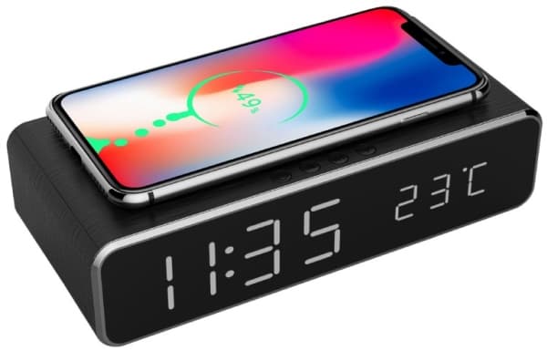 Gembird Digitaler vækkeur med trådløs Ladefunktion Sort, Digital alarmur, Rektandel, Sort, iPhone X/XS/XR, iPhone 8, Galaxy S8/S7/S6, LCD