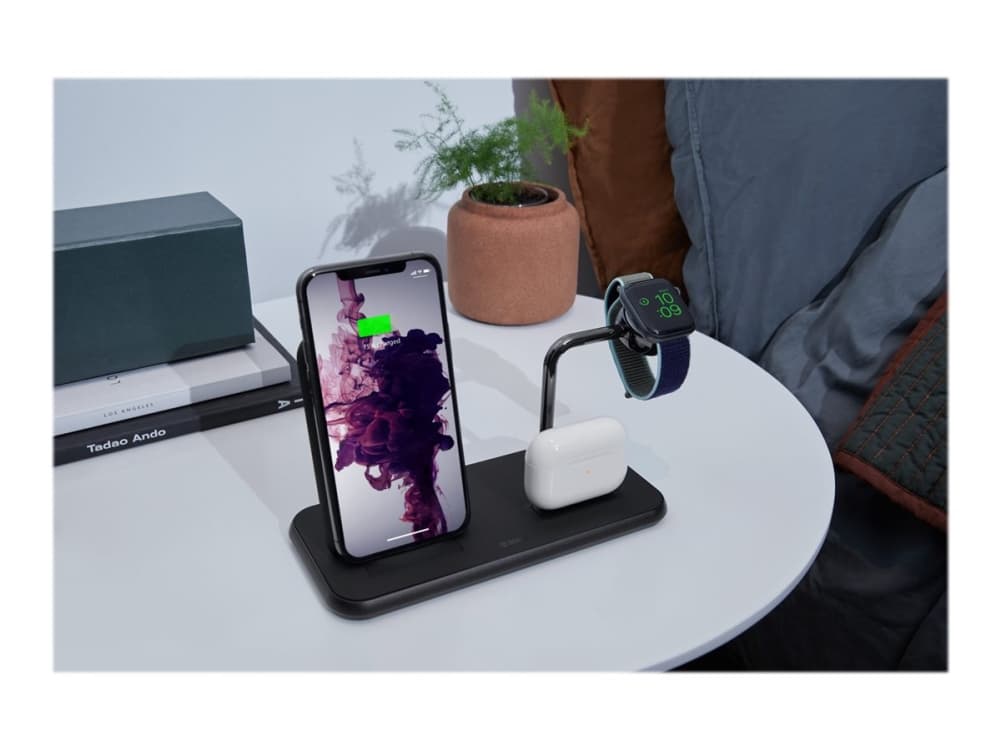 ZENS Stand+Dock+Watch Aluminium Wireless - Trådløs ladematte / strømadapter + AC-strømadapter - 20 watt - Apple Fast Charge - svart - Storbritannia,
