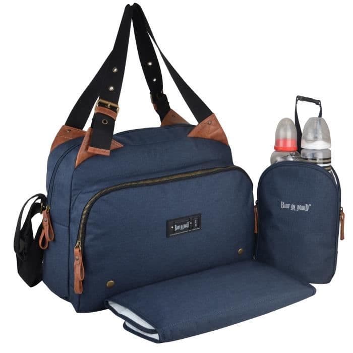 Baby ombord bleebaske - titou blå denim taske - 2 rum 8 lommer - frokostpose - skiftemåttpose snavsede vaskeri