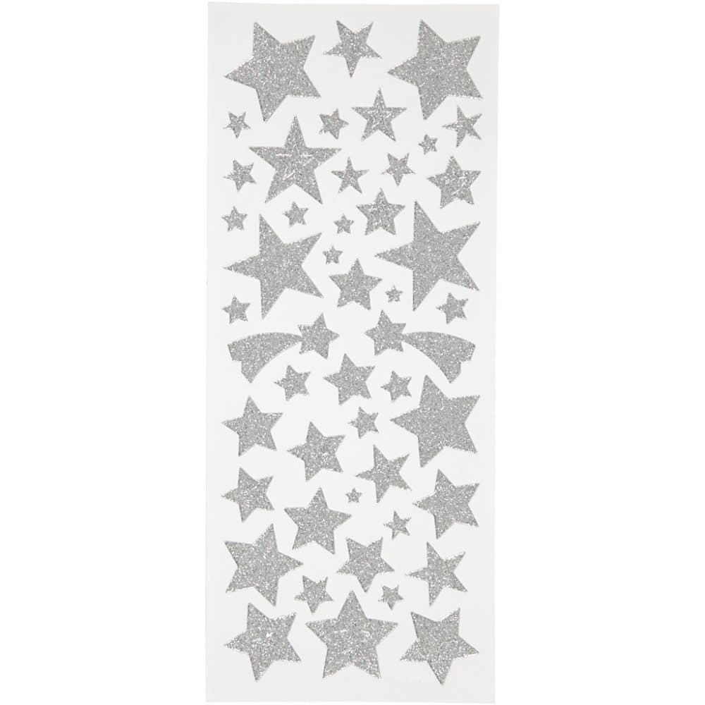 Glitterstickers, sølv, stjerner, 10x24 cm, 2 ark, 1 pk.
