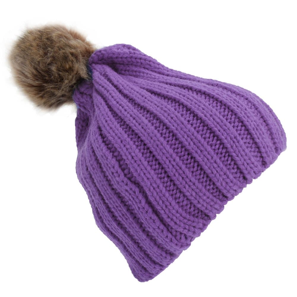 Childrens Girls Cable Knit Faux Fur Pom Pom Winter Beanie Hat