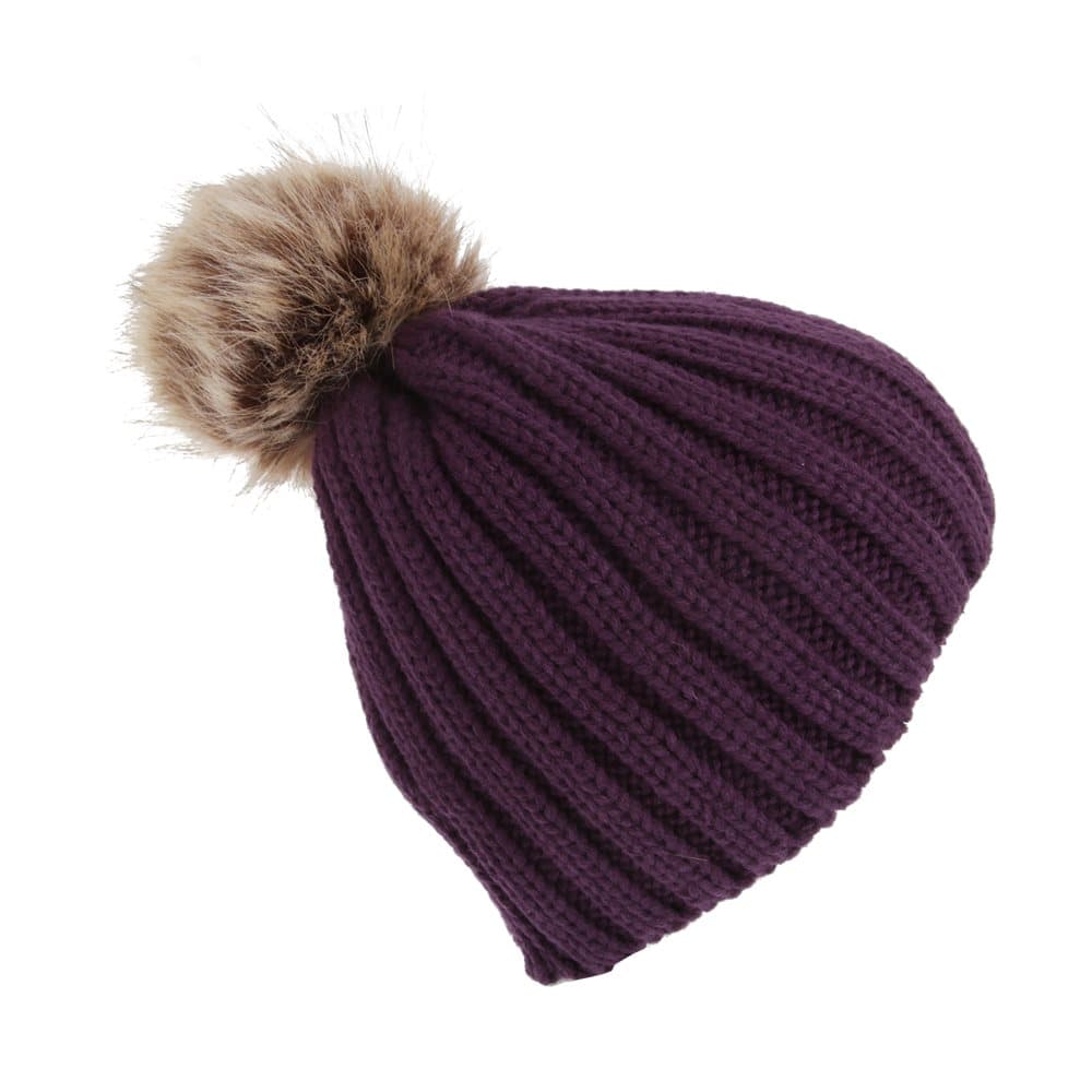 Childrens Girls Cable Knit Faux Fur Pom Pom Winter Beanie Hat