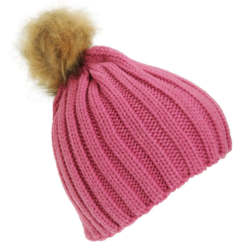 Childrens Girls Cable Knit Faux Fur Pom Pom Winter Beanie Hat