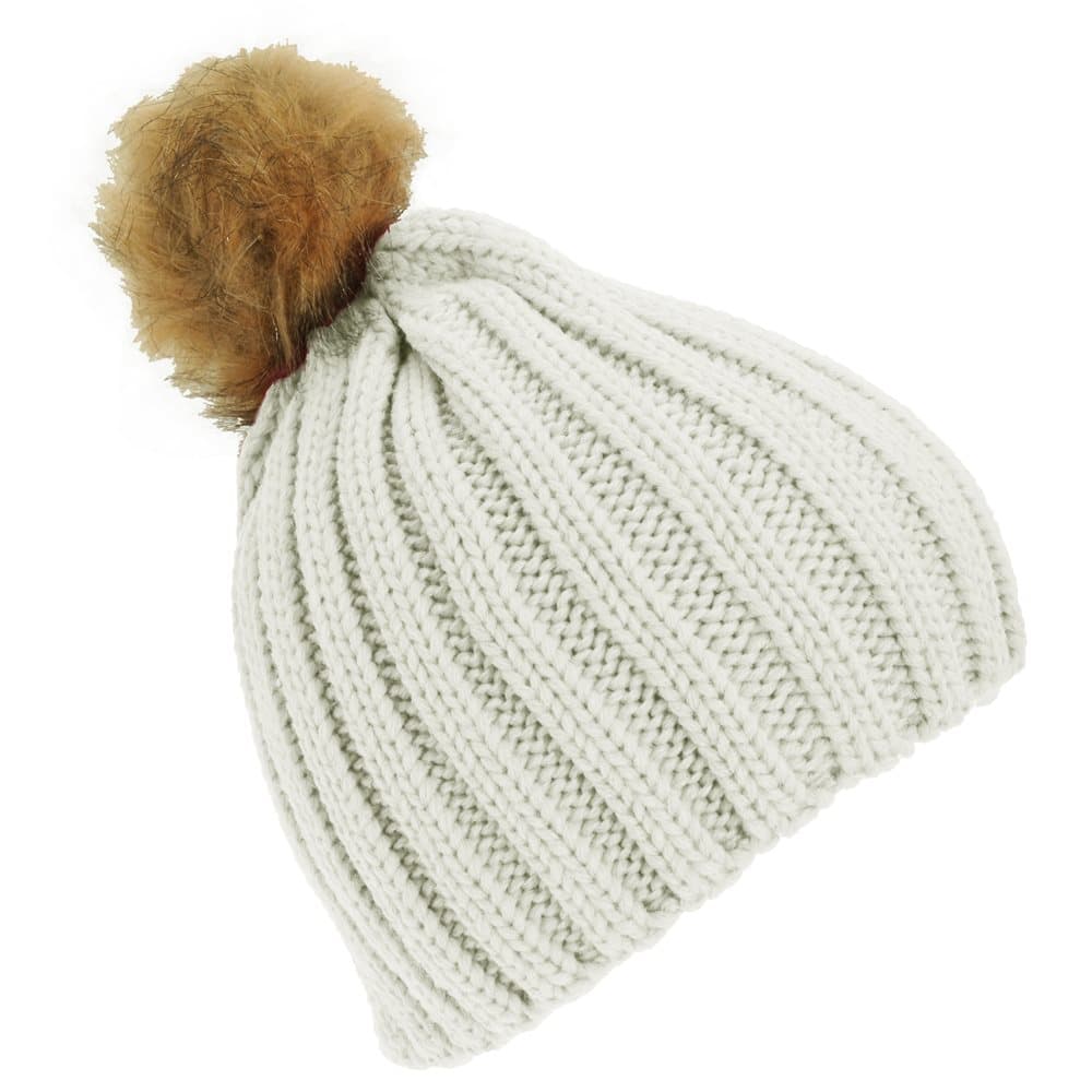Childrens Girls Cable Knit Faux Fur Pom Pom Winter Beanie Hat
