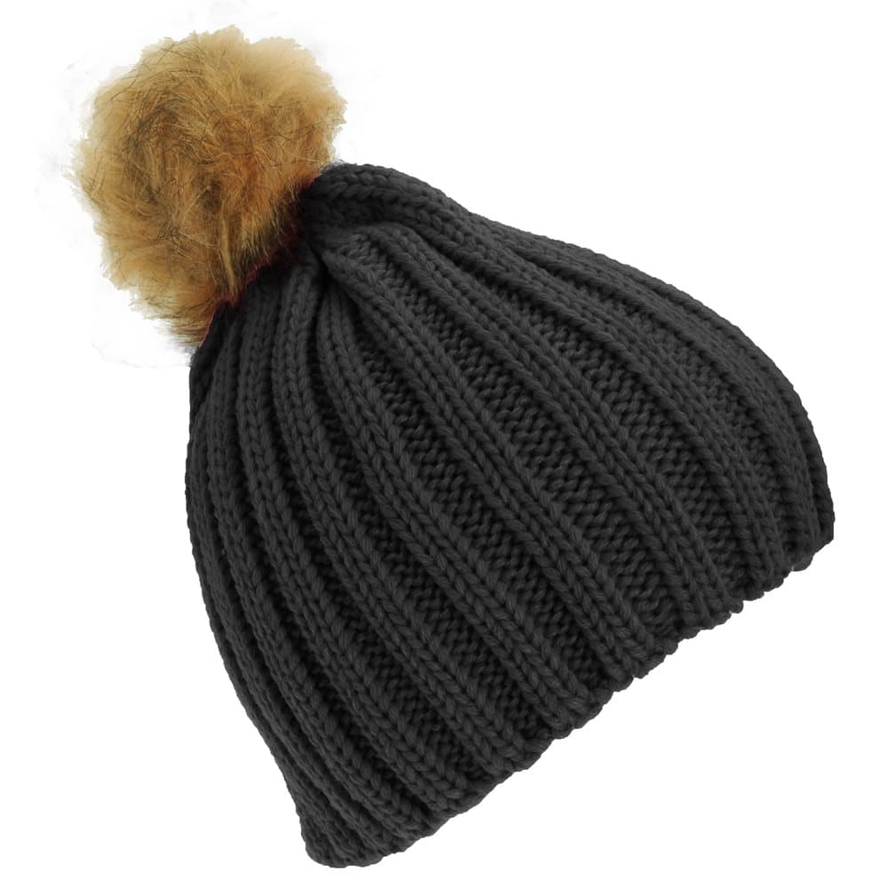 Childrens Girls Cable Knit Faux Fur Pom Pom Winter Beanie Hat