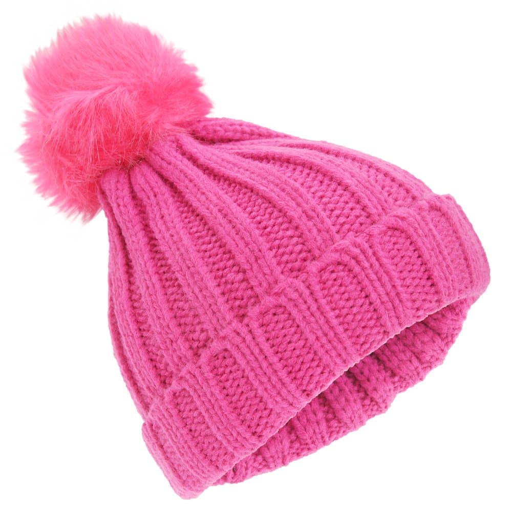 Childrens Girls Rockjock Cable Knit Faux Fur Pom Pom Winter Beanie Hat