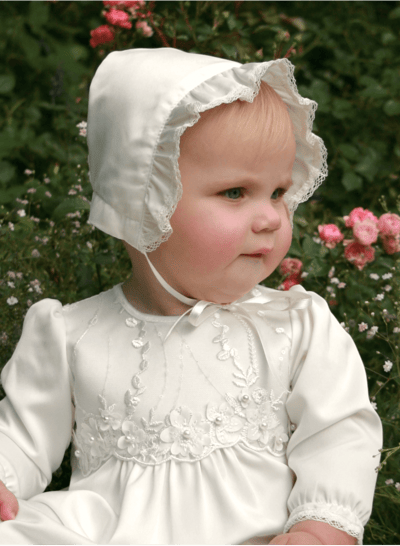 Christening bonnet in off white satin, Grace of Swedens design
