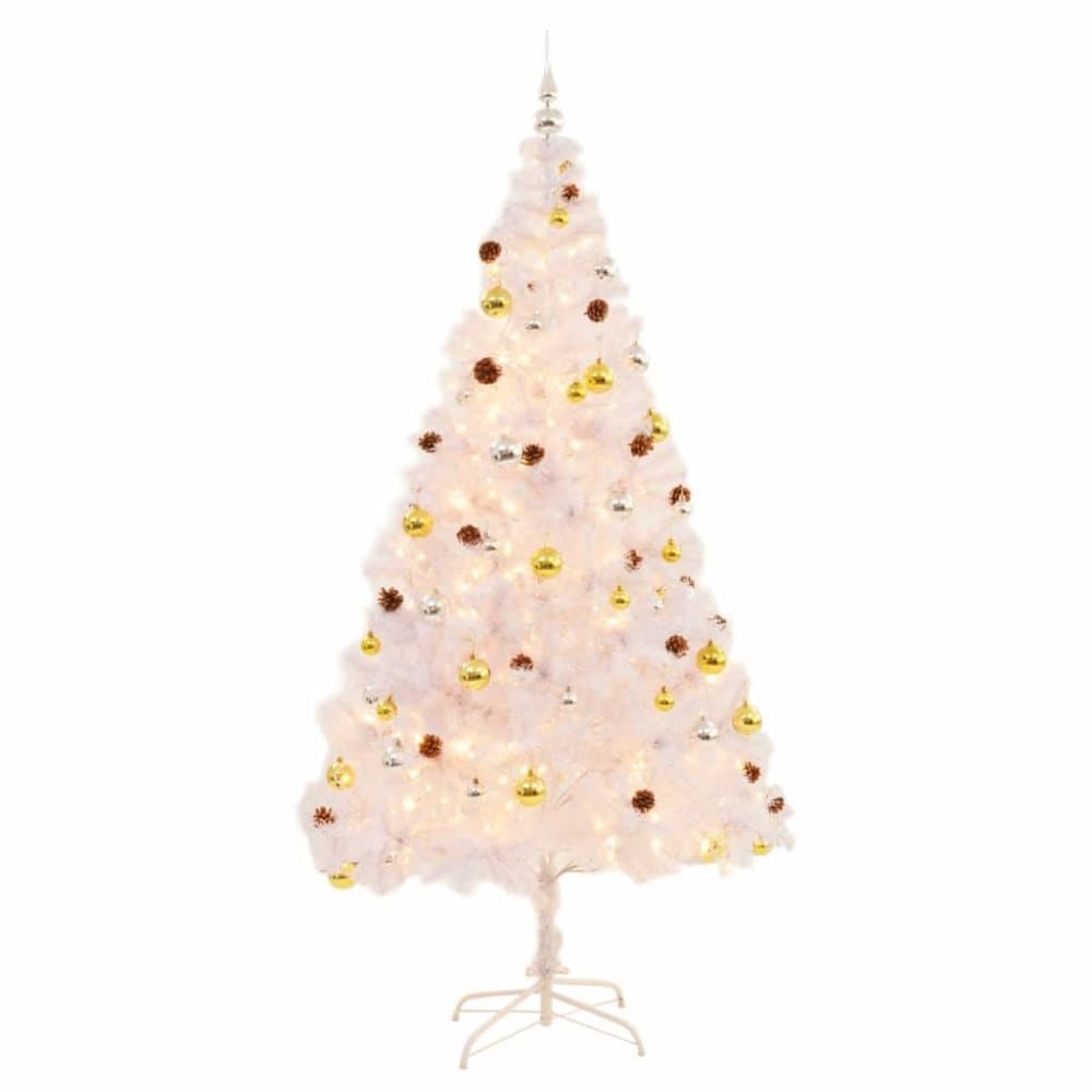 vidaXL Tekojoulukuusi koristeilla ja LED-valoilla 210 cm valkoinen