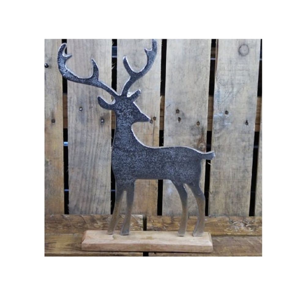 Large Aluminium Reindeer Decoration on Wooden Base