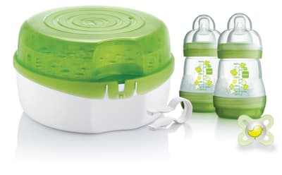 MAM Mikrovågsugn Sterilisator + 2 nappflaskor, napp & tång