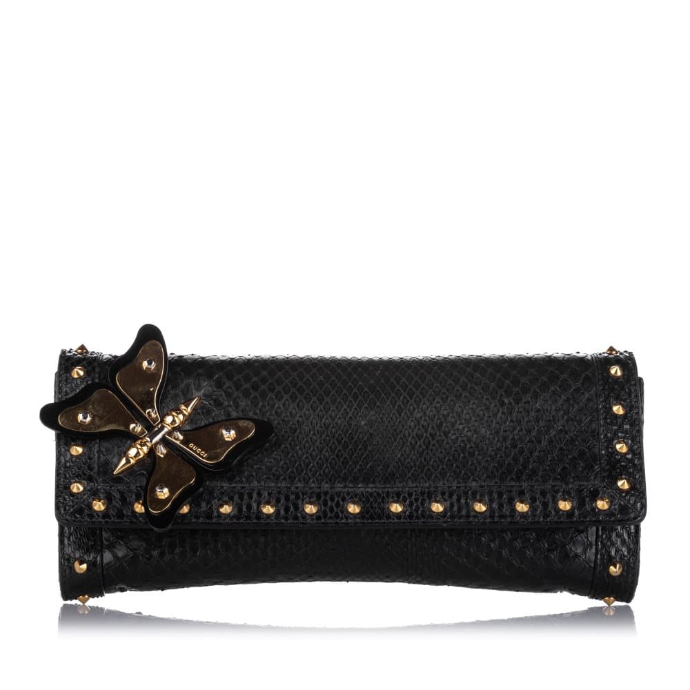 Gucci Butterfly Broadway Snake Skin Clutch Bag Black
